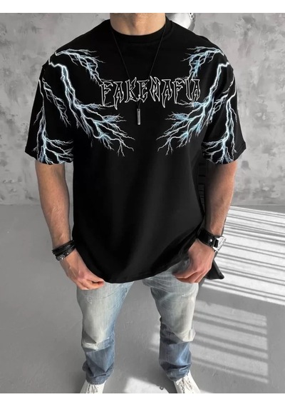 Valensdesign Unisex Bisiklet Yaka Baskılı Oversize T-shirt-siyah