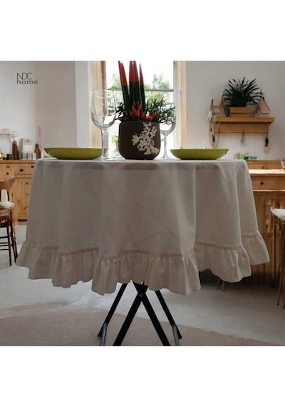 Dnc Home Tekstil  Ham Keten Krem Fırfırlı Yuvarlak Masa Örtüsü 001