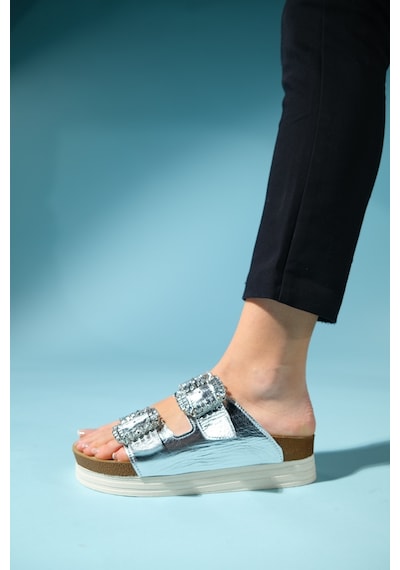 Luvishoes Polacca Gümüş Cilt Taşlı Çift Bantlı Hakiki Deri Kadın Kalın Tabanlı Terlik Gümüş Luvishoes Polacca Gümüş Cilt Taşlı Çift Bantlı Hakiki Deri Kadın Kalın Tabanlı Terlik Gümüş