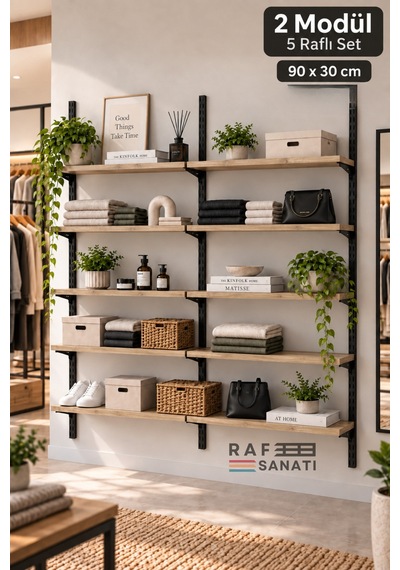 2 Modül 90x30 Cm 10 Raflı Geniş Mağaza Duvar Rafı Konik Dikme Sistem Safir Meşe Suntalam