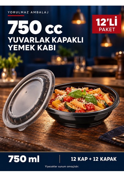 750 Cc Yuvarlak Kapaklı Yemek Kabı 12 Li Set Siyah Paket Servis Ve Porsiyon Kabı