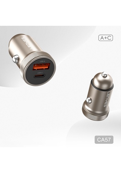 Lenyes Ca57 Hızlı Şarj Özellikli Dual Type-c + Usb-a Portlu Mini Araç Şarj Aleti 30w Kahverengi