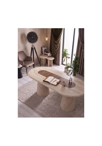Aura Bohem Çift Renk Mebran Mdf 90x180 Masa Traverten/ahşap Traverten/ahşap