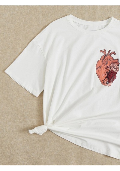 Kadın Beyaz Oversize Kalp Baskılı Örme T-shirt Beyaz Kadın Beyaz Oversize Kalp Baskılı Örme T-shirt Beyaz