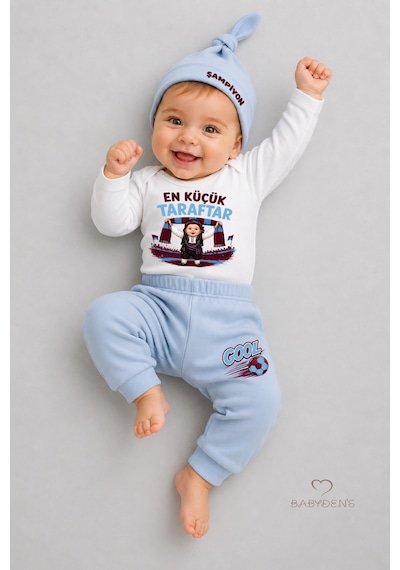Babyden's %100 Pamuk Bebek Takımı Bordo Mavi En Küçük Taraftar Baskılı 3'lü Yenidoğan Bebek Takımı Uzun Kollu Body Pantolon Şapka Set
