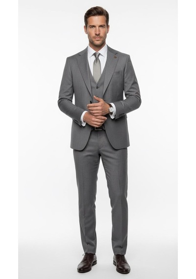 Erkek Klasik Slim Fit Takım Elbise Notch Yaka, Yaka Punto Dikişli, Tek Düğmeli, Çift Yırtmaçlı Gri