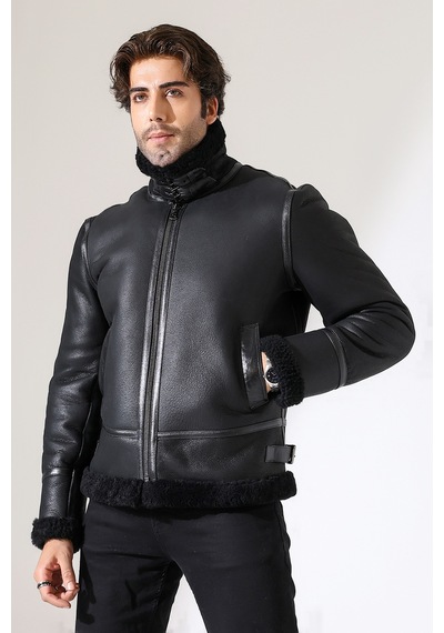M M Marki Marki Erkek Hakiki Deri Mont, Siyah, Pilot Model, İçi Kürklü, 70 Cm, Fermuarlı