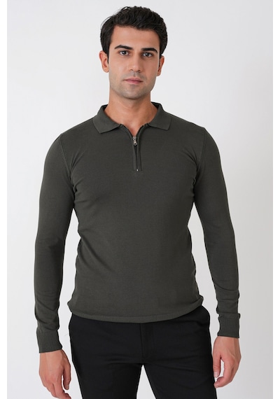 Slim Fit Esnek Pamuklu Fermuarlı Polo Yaka Haki Triko Tr 902