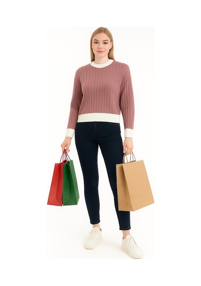 Hira Life Fashion Kadın Bisiklet Yaka Fitili Ve Şerit Detaylı Crop Triko Kısa Kazak Gül Gül Hira Life Fashion Kadın Bisiklet Yaka Fitili Ve Şerit Detaylı Crop Triko Kısa Kazak Gül Gül