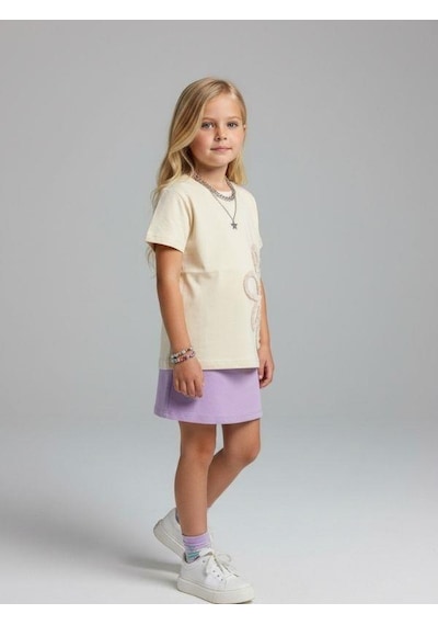 Zekids Kız Çocuk Çiçek Nakışlı Tasarım T-shirt-16889 Krem