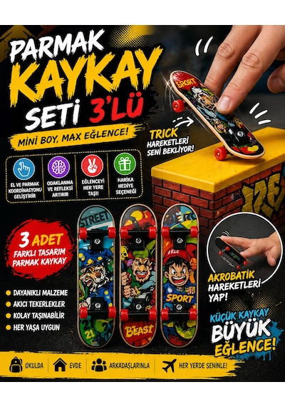 Parmak Kaykay Seti 3 Lü Mini Skateboard, Trick Oyuncak Beceri Geliştirici Eğlence Seti