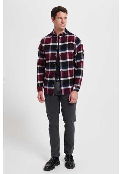 Tudors Erkek Slim Fit Dar Kesim Kareli Kışlık Oduncu Gömlek-42352 Bordo