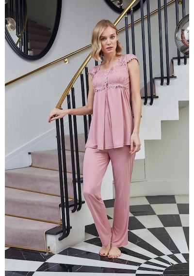 Bone Club 4520 Gülkurusu Hamile Lohusa Dantelli Lohusa Pijama Takımı