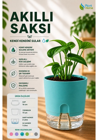 Akıllı Saksı Kendini Sulayan Saksı Otomatik Sulama Sistemli Su Hazneli Dekoratif Saksı 2 Litre