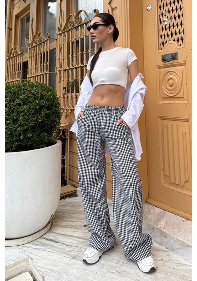 Madmext Siyah Beli Ayarlanabilir Ekoseli Bol Paça Kadın Pantolon Mg2335 Siyah
