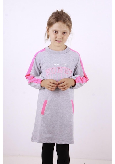 Toontoy Kız Çocuk Honey Baskılı Elbise Gri Melanj