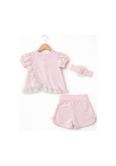 Kardeşler Bebe Kız Bebek Dantelli Şortlu Takım & Saç Bandı 3 Lü Pembe