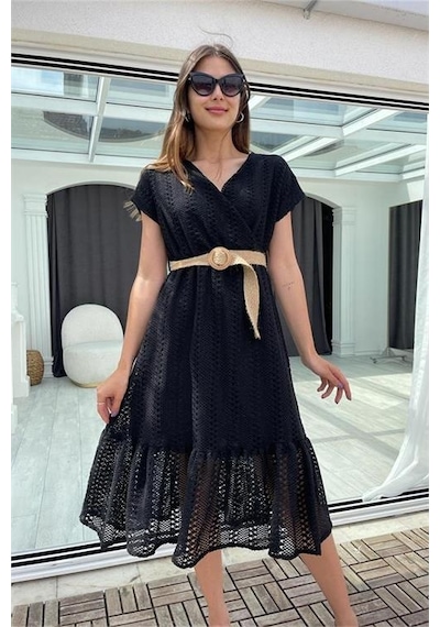 Neşeli Butik Kadın Siyah Hasır Kemerli Dantel Elbise Dk0001 Siyah