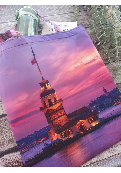 Kız Kulesi Baskılı Kumaş Çanta Omuz Askılı Bez Çanta - Renkli Çok Renkli