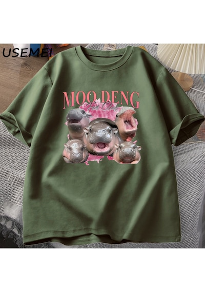 Flood Of Style Moo Deng Fan Kulübü T Shirt Erkekler Komik Pamuk Tayland Kısa Kollu T-shirt Erkek Tasarımcı K Yeşil