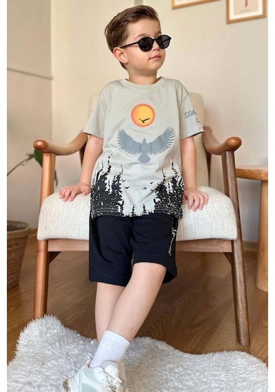 Riccotarz Erkek Çocuk Ağaç Ve Güneş Baskılı T-shirt Yazı Detaylı Bej Şortlu Takım Bej