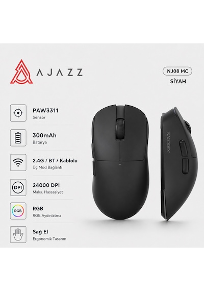 Nj08 Mc Kablosuz 3 Modlu Rgb Oyuncu Mouse 24.000 Dpı Paw 3311 Sensör Diğer