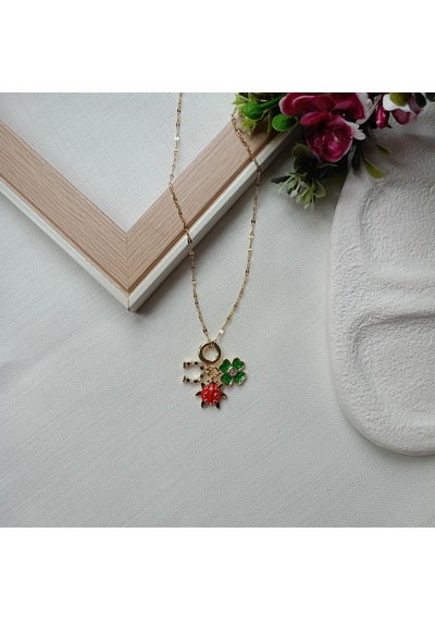 Lente Aksesuar Yonca, Uğurböceği, Nal Figürlü Çelik 14k Altın Rengi Charm Şans Kadın Kolye Gold
