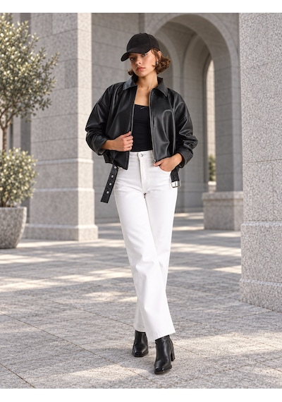 Unika Boutique Kadın Siyah Kemer Detaylı Fermuarlı Oversize Suni Deri Ceket Çok Renkli