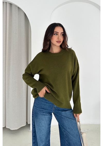 Femelle Kadın Haki Standart Beden Oversize Basic Triko Kazak - 357bnd