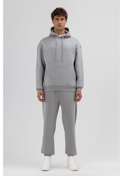 Vamos Basic Oversize Kapüşonlu Sweatshirt Gri