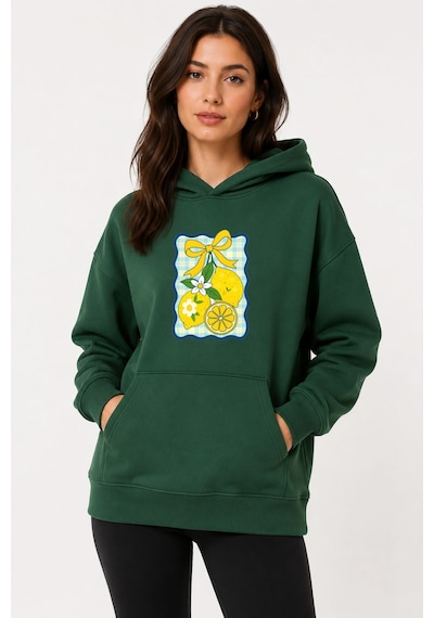 Herkesemoda Limon Baskılı Kapüşonlu 2 İplik Şardonlu Sweatshirt Yeşil