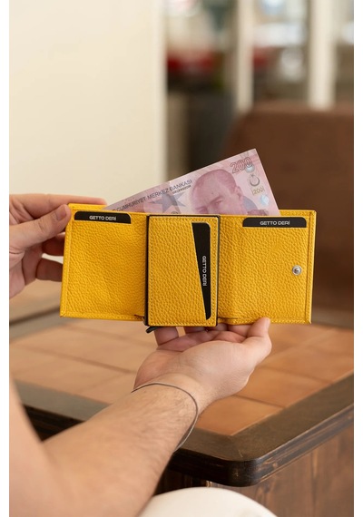 Getto Deri Prag Kişiye Özel İsim Baskılı Mekanizmalı Hakiki Deri Cüzdan Floter Sarı