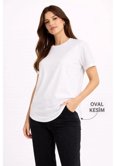 Defymoda Basic T-shirt Kısa Kol Bisiklet Yaka Oval Kesim Tişört - Beyaz