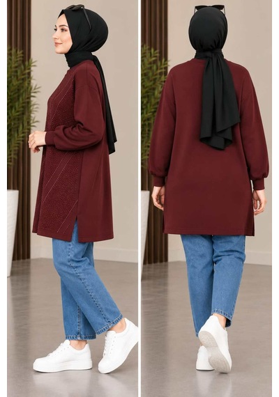 Aymiraa Kadın Taş İşlemeli Rahat Kalıp Tesettür Tunik Bordo Bordo
