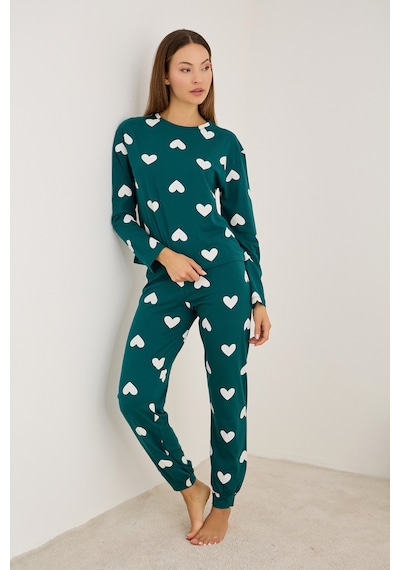 Siyah İnci Yeşil Beyaz Kalp Baskılı Örme Pamuklu Pijama Takımı7613