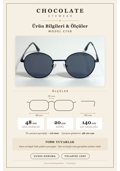 Unisex Polarize Yuvarlak Güneş Gözlüğü Gri Uv400 Korumalı Metalik