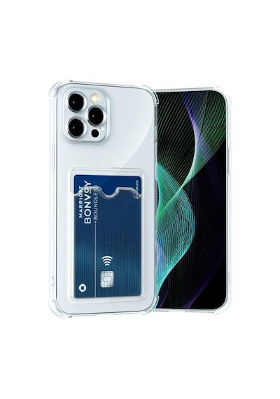 Apple iPhone Uyumlu 15 Pro Kapak Kamera Korumalı Kartlıklı Darbe Emici Özellikli Şeffaf Silikon Kılıf
