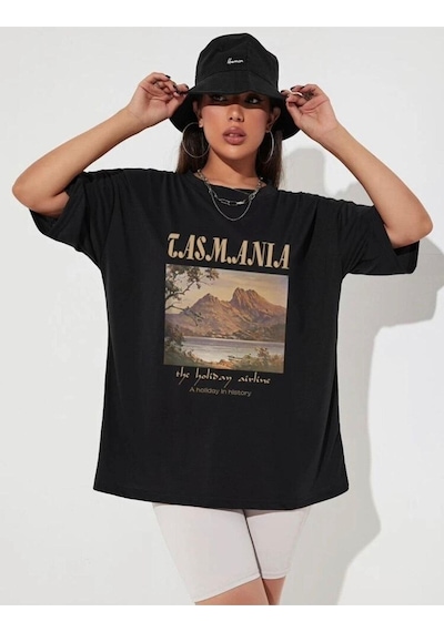 Flood Of Style Kadın Siyah Tasmania Baskılı Oversize T-shirt