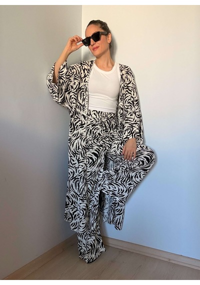 Ali Butik Zebra Desenli Kimono Pantolon Takım Zebra