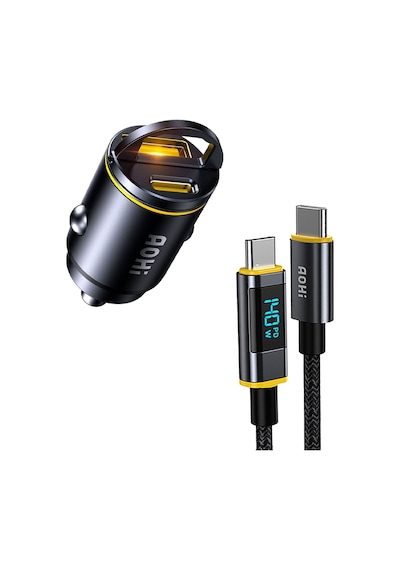 Aohi Superauto 2 Portlu Pd 45w Araç İçi Şarjı, 140w Led Ekranlı Naylon Örgülü Süper Hızlı Şarj Kablo