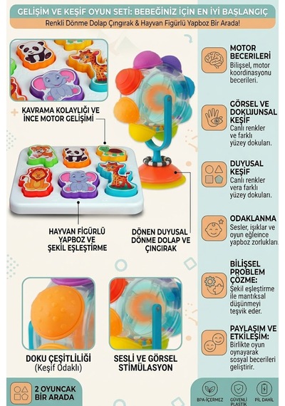Neşeli Hayvanlar Bultak + Mama Sandalyesi Eğlencesi Vantuzlu Işıklı Dönme Dolap +8 Li Kule
