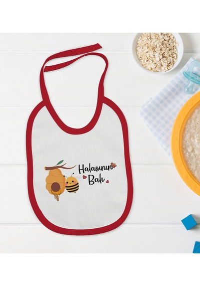 BK Kids Halasının Balı Tasarımlı Kırmızı Bebek Mama Önlüğü-1 Kırmızı