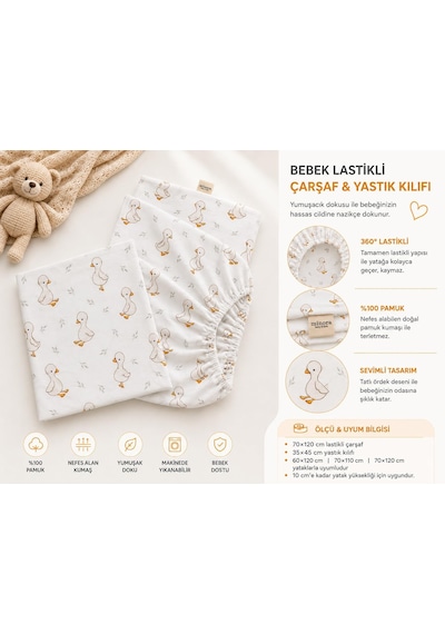 Minora%100 Pamuk Lastikli Bebek Çarşafı Ve Yastık Kılıfı Seti 70x120 Pembe Krem