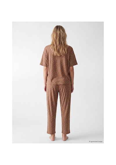 Lcw Dream Kahverengi Bisiklet Yaka Desenli Kadın Kaprili Pijama Takımı
