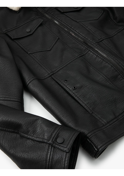 Koton Suni Deri Ceket Yakası Kürklü Cepli Fermuarlı Astarlı Slim Fit Siyah 5wam20085hw Siyah