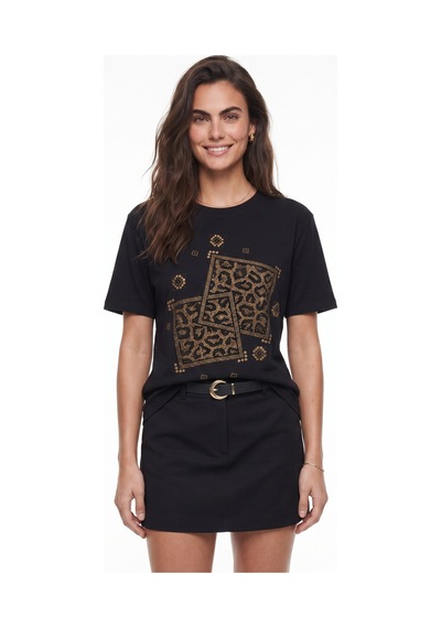 Onloox Kadın Siyah Siyah Pamuklu Bisiklet Yaka Regular Fit Leopar Baskılı Taş Detaylı Kısa Kollu T-shirt