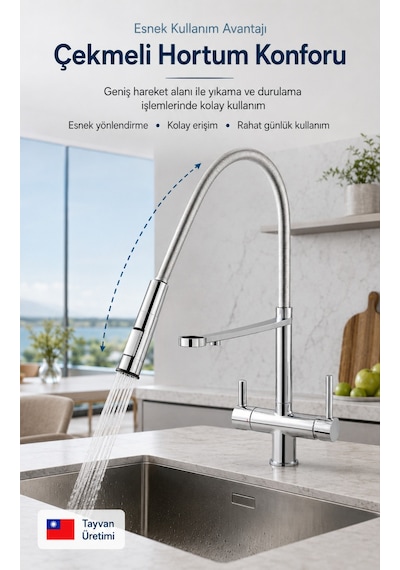Likuan 3 Yollu Spiralli Krom Mutfak Bataryası Arıtmalı Çekmeli Evye Musluğu Nkd52n12cp Gümüş