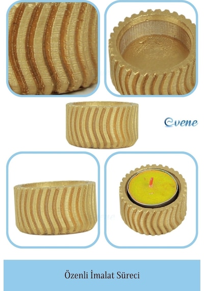 Eskitme Mumluk Şamdan 3 Adet Tealight Uyumlu Üçlü Tekerlek Model - Altın