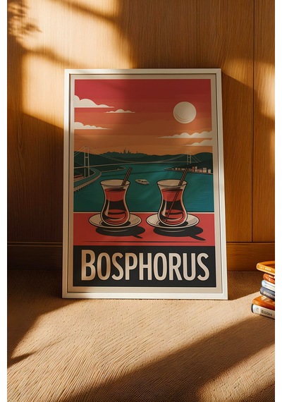 İstanbul Boğazı Tablo - Bosphorus Retro Travel Poster - Çay Keyfi Manzaralı Duvar Dekoru - Çerçeveli Beyaz