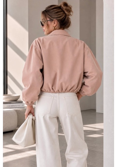 Bb Butik Basic Mevsimlik Fermuarlı Bomber Ceket Oversize Rahat Kalıp Fs3434 Pudra